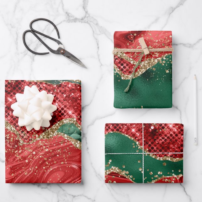 Christmas Red Green Glitter Agate Wrapping Paper Sheets (Front)