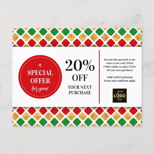 Christmas Red Green Gold Coupon Discount Postcard