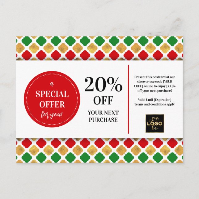 Christmas Red Green Gold Coupon Discount Postcard (Front)