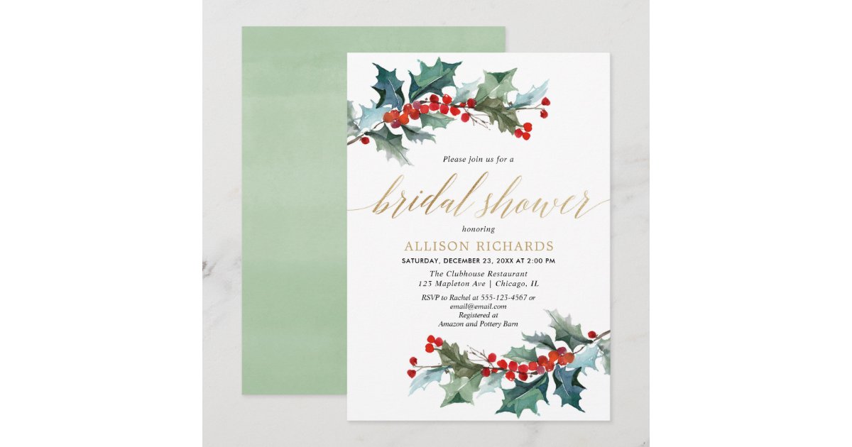 Christmas red green gold elegant bridal shower invitation | Zazzle