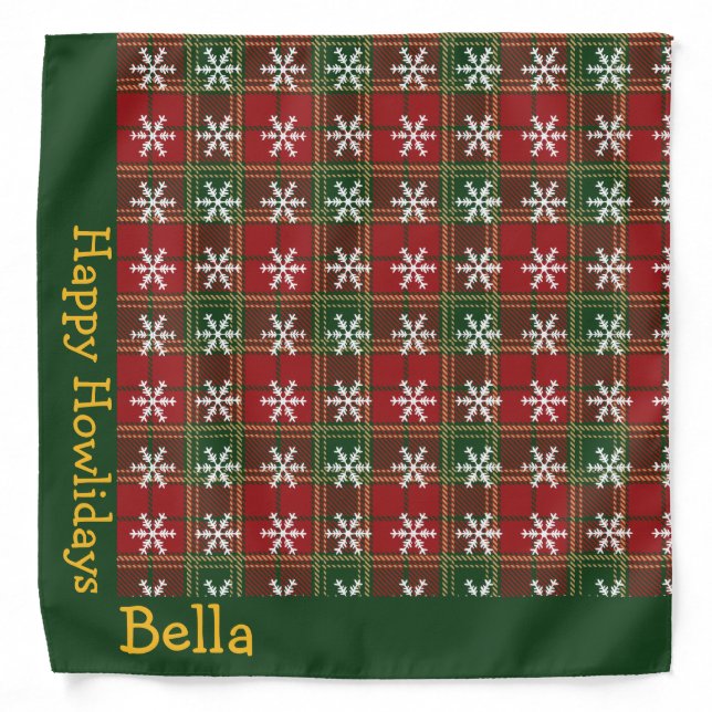 Christmas Red Green Gold Flurry Rustic Plaid Name Bandana (Front)