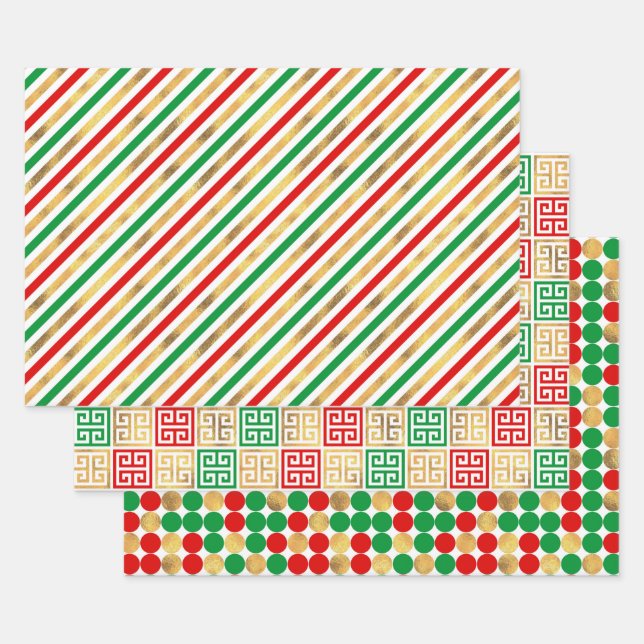 CHRISTMAS RED GREEN GOLD HOLIDAY PATTERNS WRAPPING PAPER SHEETS (Set)