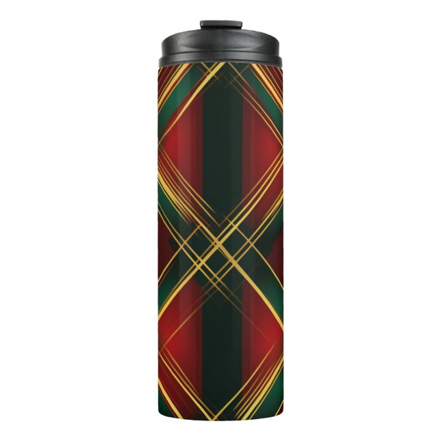 CHRISTMAS RED GREEN GOLD HOLIDAY PLAID PATTERN THERMAL TUMBLER (Front)