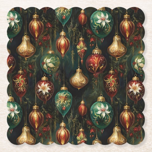 Christmas Red Green Gold Ornaments Paper Coaster (Front)