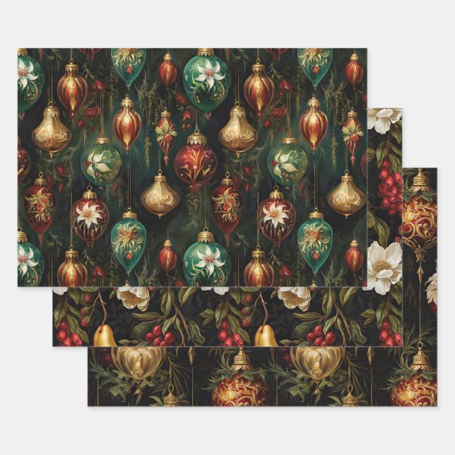 Christmas Red Green Gold Ornaments Wrapping Paper Sheets (Set)