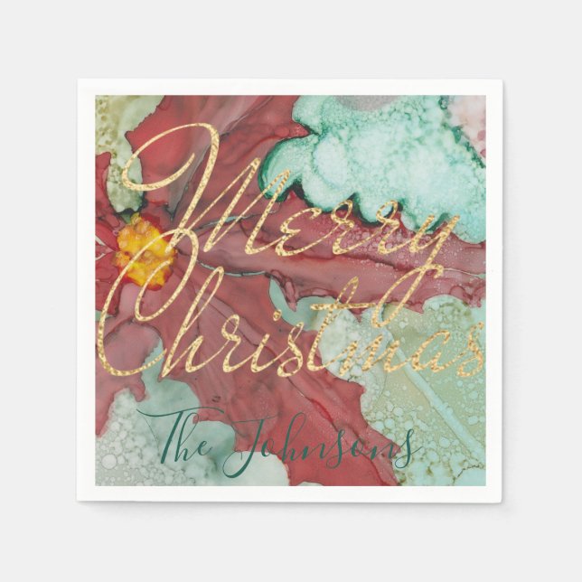 Christmas Red Green Gold Pointsettia Napkins (Front)