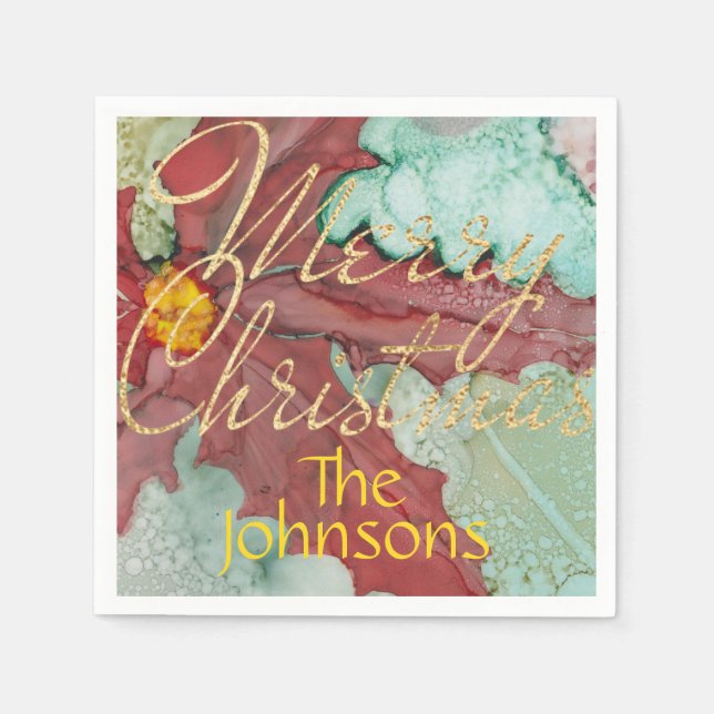 Christmas Red Green Gold Pointsettia Napkins (Front)