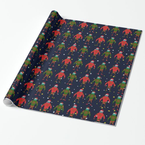 Christmas Red  Green Medium Robot Santas In Space Wrapping Paper