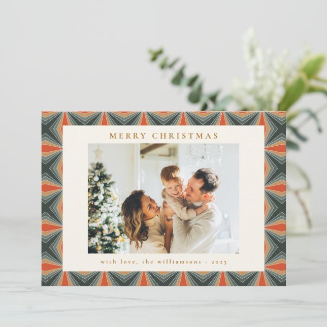 Christmas Red Green Mid Century Geometric Photo Holiday Card (Standing Front)