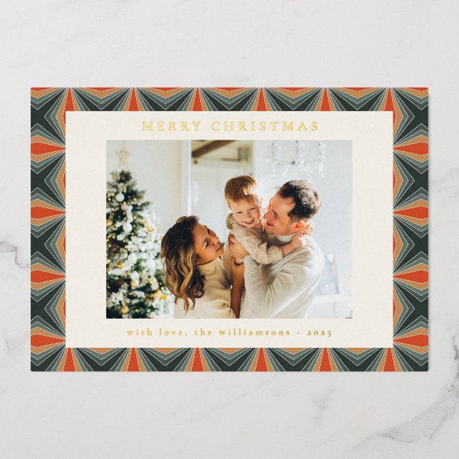 Christmas Red Green Mid Century Retro Photo Gold Foil Holiday Card (Front)