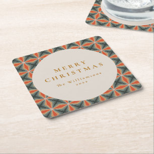 Christmas Red Green Mid Century Stars Custom Square Paper Coaster