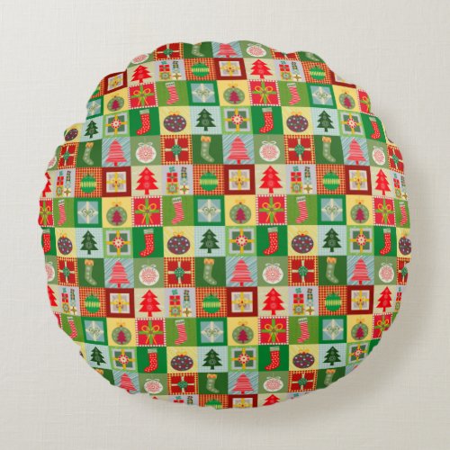 Christmas Red Green Patchwork Traditional Motifs Round Pillow