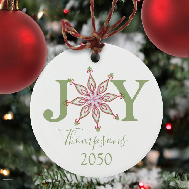 Christmas Red Green Photo Joy Typography Ceramic Ornament (Christmas holiday Joy typography with a colorful pink, red, and green whimsical snowflake. )
