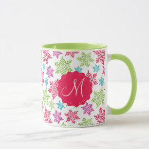 Christmas Red, Green, pink, light blue snowflakes Mug