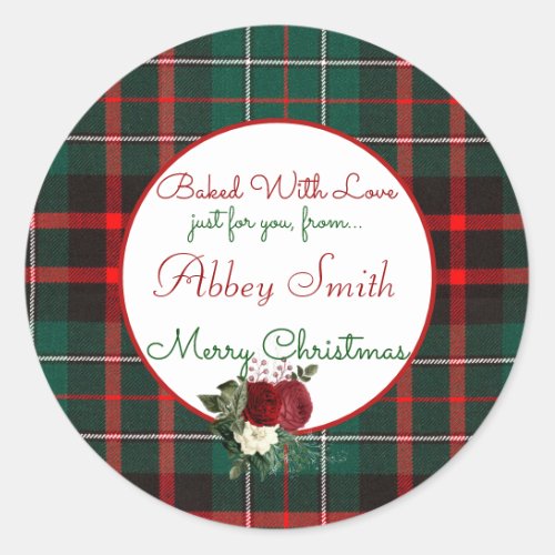Christmas Red Green Plaid Baked For You With Love Classic Round Sticker