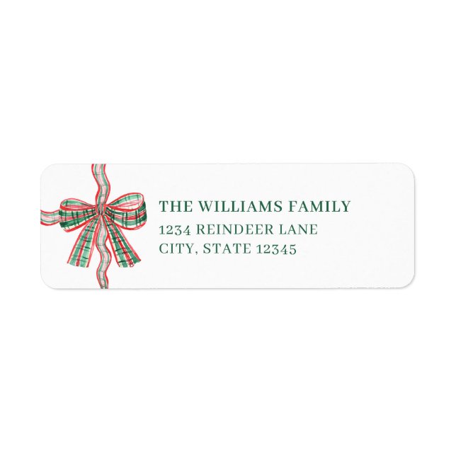Christmas Red Green Plaid Bow Return Address Label (Front)