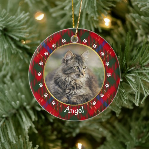 Christmas Red Green Plaid  Cat Photo Frame  Name Ceramic Ornament