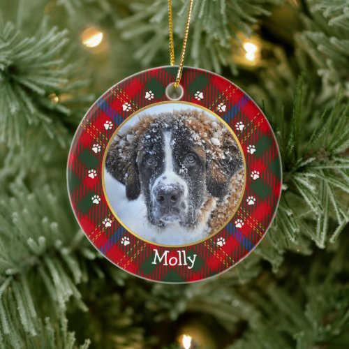 Christmas Red Green Plaid  Dog Photo Frame  Name Ceramic Ornament