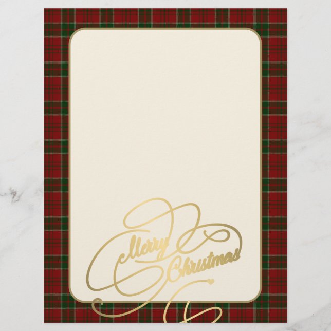 Christmas red green plaid frame stationery paper (Front)