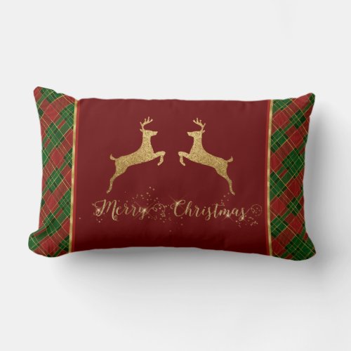 Christmas Red Green Plaid Gold Foil Deer Lumbar Pillow