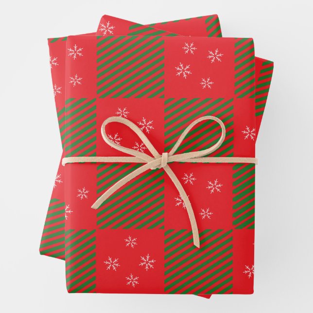 Christmas Red Green Plaid Pattern Snow Flakes  Wrapping Paper Sheets (In situ)