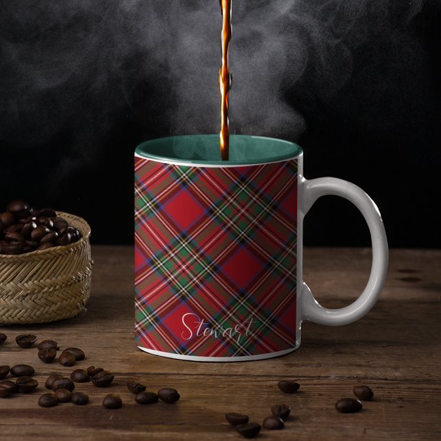 Christmas Red Green Plaid Rustic Stewart Tartan Two-Tone Coffee Mug (Rustic Green Accent Stewart Tartan White 11oz Coffee Mug)