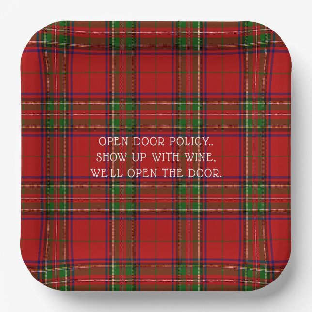 Christmas Red Green Plaid Show up with Wine Paper Plates (Front)