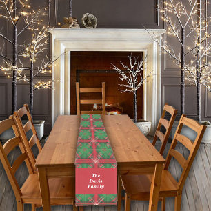 Christmas Red Green Plaid Tiles Custom Name Short Table Runner