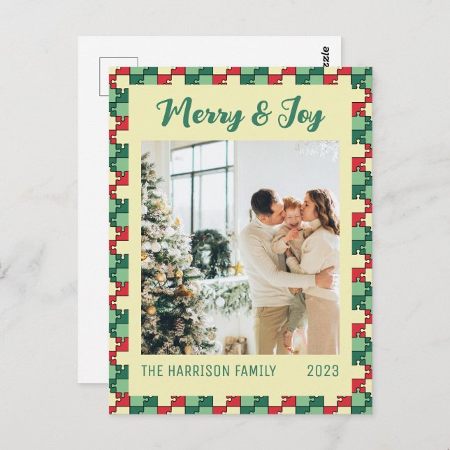 Christmas Red Green Puzzle Merry & Joy Photo Postcard (Front/Back)