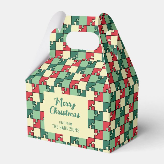 Christmas Red Green Puzzle Piece Geometric Favor Boxes (Front Side)
