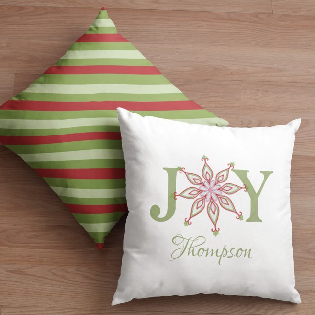 Christmas Red Green Snowflake Joy Typography Throw Pillow ("Joy" Snowflake typography simple custom throw pillow.)