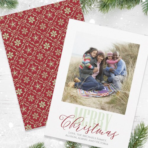 Christmas Red Green Snowflake Pattern Two Photo Ho Holiday Card