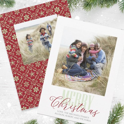 Christmas Red Green Snowflake Pattern Two Photo Holiday Card