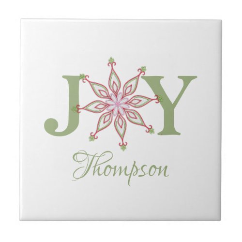 Christmas Red Green Snowflake Whimsical Joy Ceramic Tile