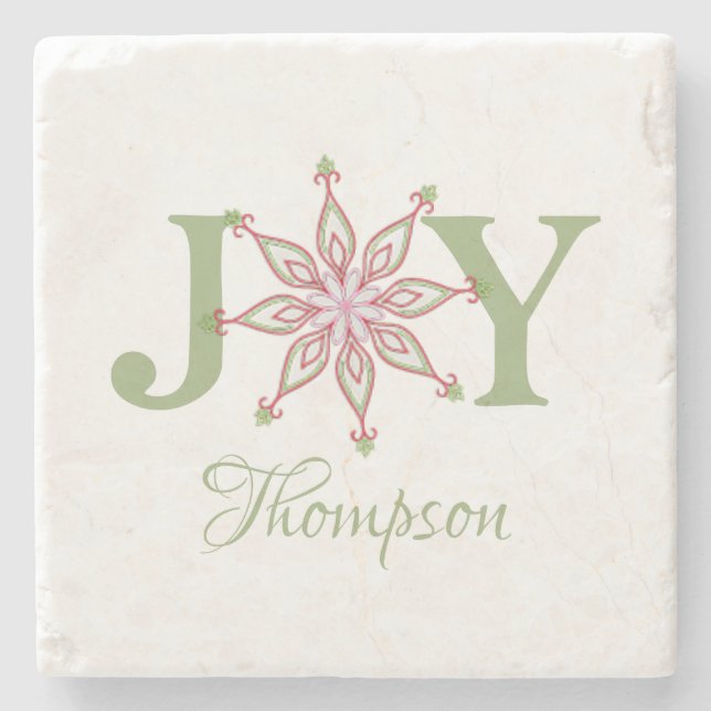 Christmas Red Green Snowflake Whimsical Joy Stone Coaster (Front)