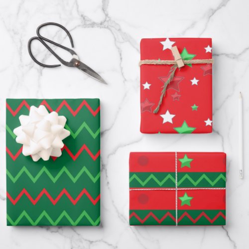 Christmas Red Green Stars And Stripes Patterns Wrapping Paper Sheets