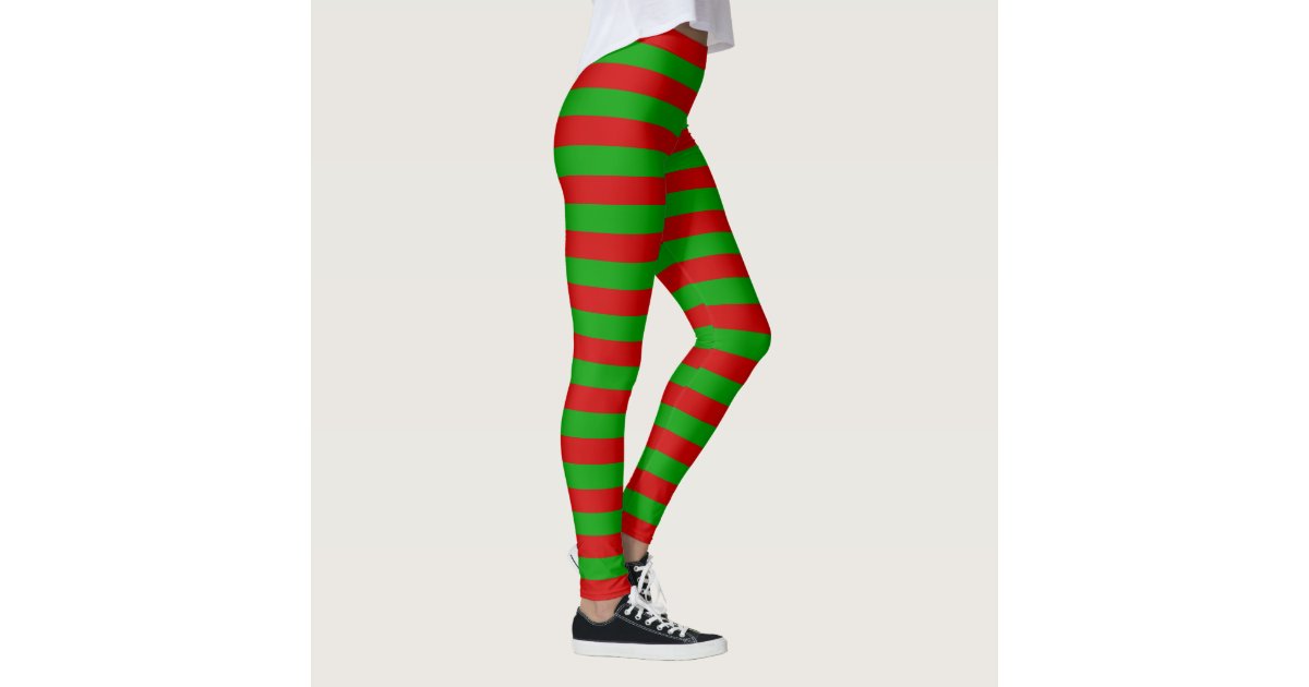 Christmas Red Green Stripes Elf Costume Holiday Leggings | Zazzle