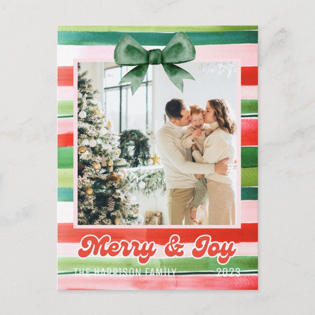 Christmas Red Green Stripes Merry & Joy Photo Postcard (Front)