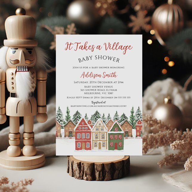 Christmas Red Green Takes A Village Baby Shower  Invitation (A Village BABY SHOWER  Invitation, Christmas Merry Little Baby Shower Invitation, Christmas Theme )