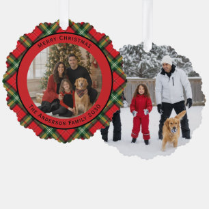 Christmas Red Green Tartan Plaid Easy 2 Photos Ornament Card