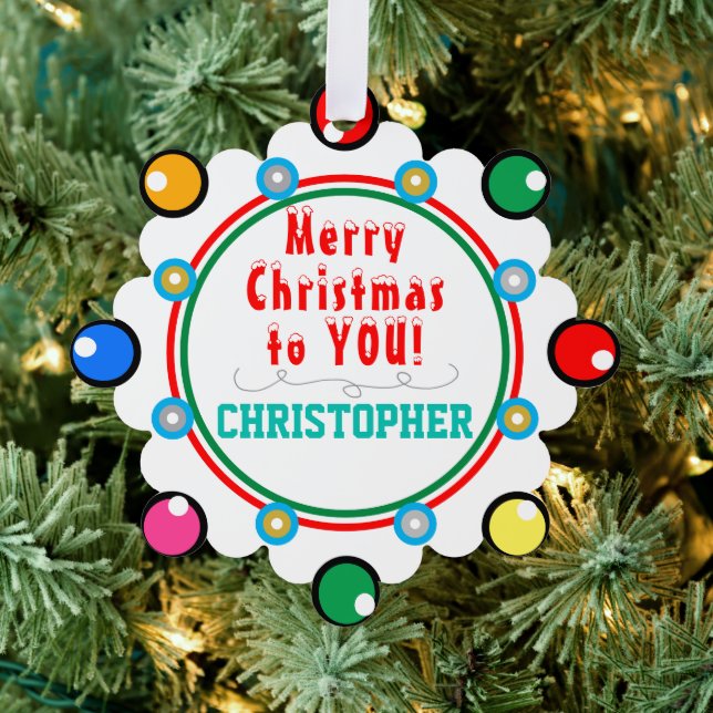 Christmas Red Green Teal NAME Ornament Card (Insitu (Tree))