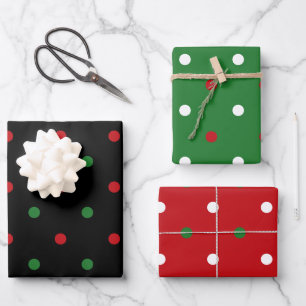 Christmas red green white black polka dots pattern wrapping paper sheets