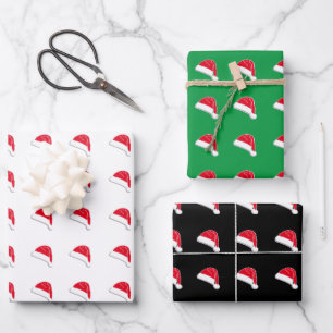 Christmas red green white black Santa Hat pattern Wrapping Paper Sheets