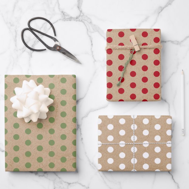 Christmas Red Green & White Kraft Polka Dots Wrapping Paper Sheets (Front)
