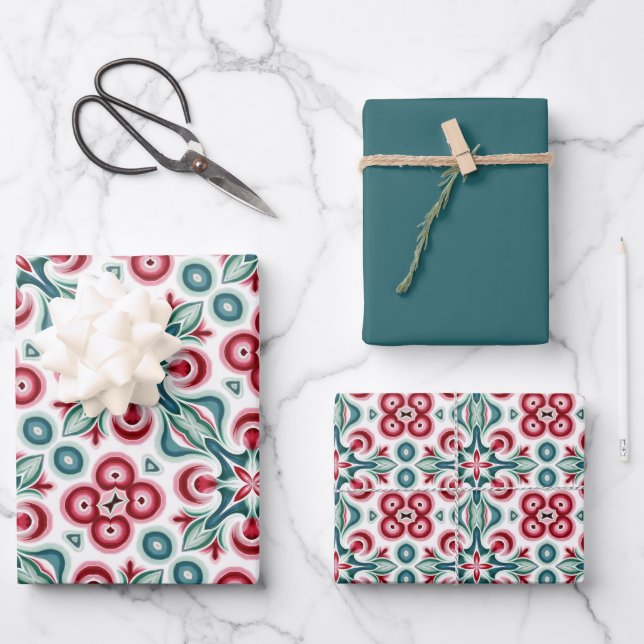 Christmas Red, Green & White Pattern Wrapping Paper Sheets (Front)