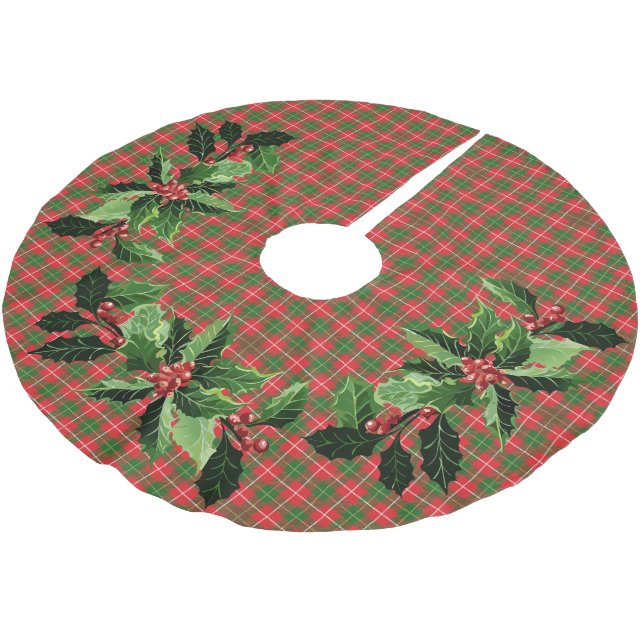 Christmas Red, Green, White Plaid Brushed Polyester Tree Skirt (Angled)
