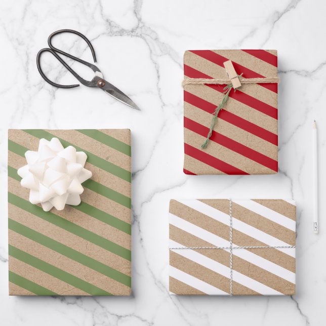 Christmas Red Green & White Stripes Rustic Kraft Wrapping Paper Sheets (Front)