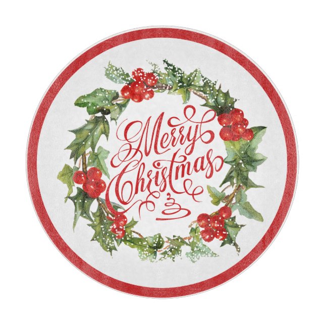 Christmas Red Green Wreath Holly Ivy Typography Cutting Board (Front)