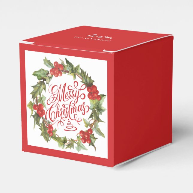 Christmas Red Green Wreath Holly Ivy Typography Favor Boxes (Front Side)