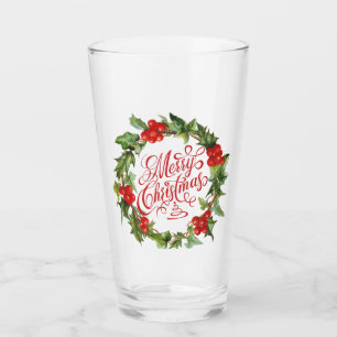 Christmas Red Green Wreath Holly Ivy Typography Glass